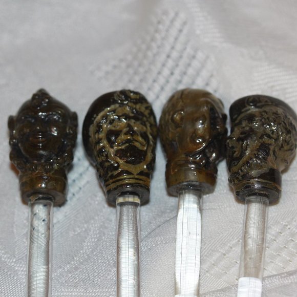 VINTAGE Set 4 Glass Stirrers Swizzle Sticks Man Head Theater Face RARE - Picture 2 of 2